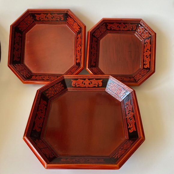Korean Wooden Lacquer Serving Bowls Set of 3 Octagon Shaped Stackable Vintage - Picture 2 of 9
